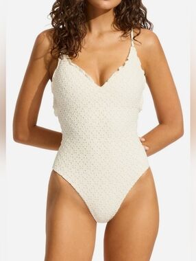 Seafolly Daydreamer Deep V-Neck One-Piece Swimsuit IVORY SZ 10US/14UK